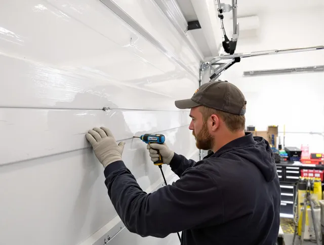 East Haven Garage Door Repair technician demonstrating precision dent removal techniques on a East Haven garage door