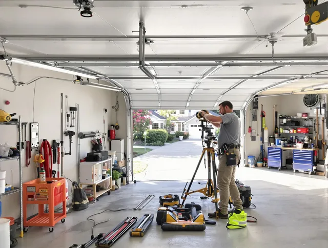 East Haven Garage Door Repair specialist performing laser-guided track alignment in East Haven